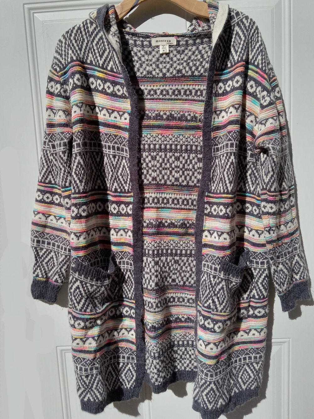 Monteau Long Length Cardigan Gray Multi-Color Hooded Fair Isle Sweater Medium